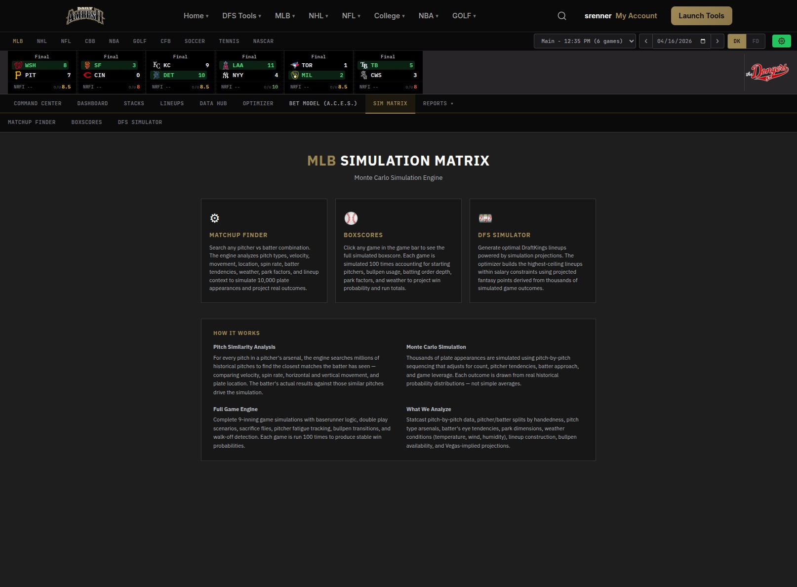 SIM Matrix landing with Matchup Finder, Boxscores, and DFS Simulator
